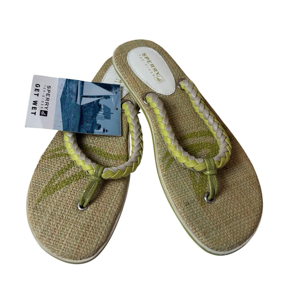 Sperry Sandals Women 7M Top Sider Braided Get Wet Flip Flop Green Beach Tropical